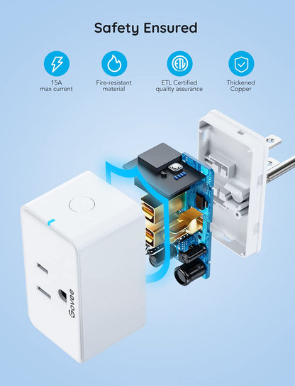 Smart Plug 15A, Wifi Bluetooth Outlets 4 Pack Work with Alexa and Google Assistant, Wifi Plugs with Multiple Timers,  Home APP Group Control Remotely, No Hub Required, ETL&FCC Certified